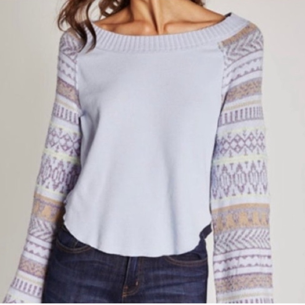 Free People Women Blue Long Sleeve Boat Neck Thermal Sweater Pullover Medium EUC